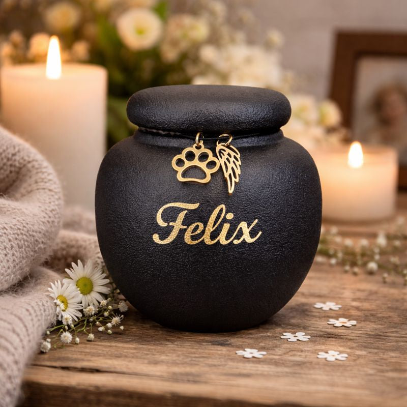 Zwarte mini urn van keramiek met twee gouden keepsake hangertjes