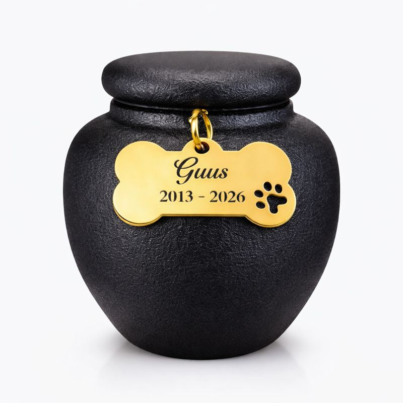 Keramische mini urn met gouden pootafdruk en engelenvleugel