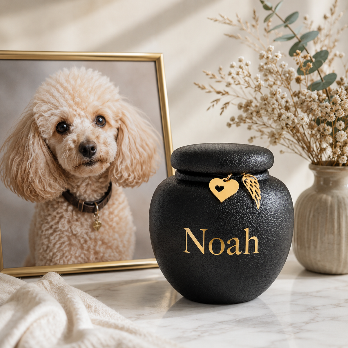 Mini urn met keepsake hangertjes - close-up