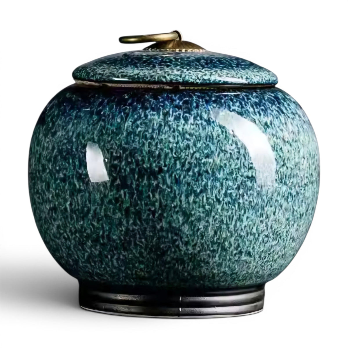 De laatste aai blauwe keramische urn voor huisdieren met een unieke gespikkelde textuur en een stijlvol deksel.