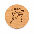 De laatste aai bamboe deksel voor mini-urn met lasergravure van een kat en de naam Luna