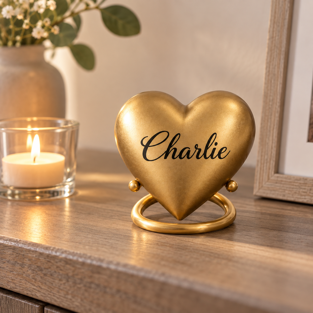 De laatste aai hartvormige mini urn in mat goud met gepersonaliseerde naam op een standaard in een sfeervol interieur