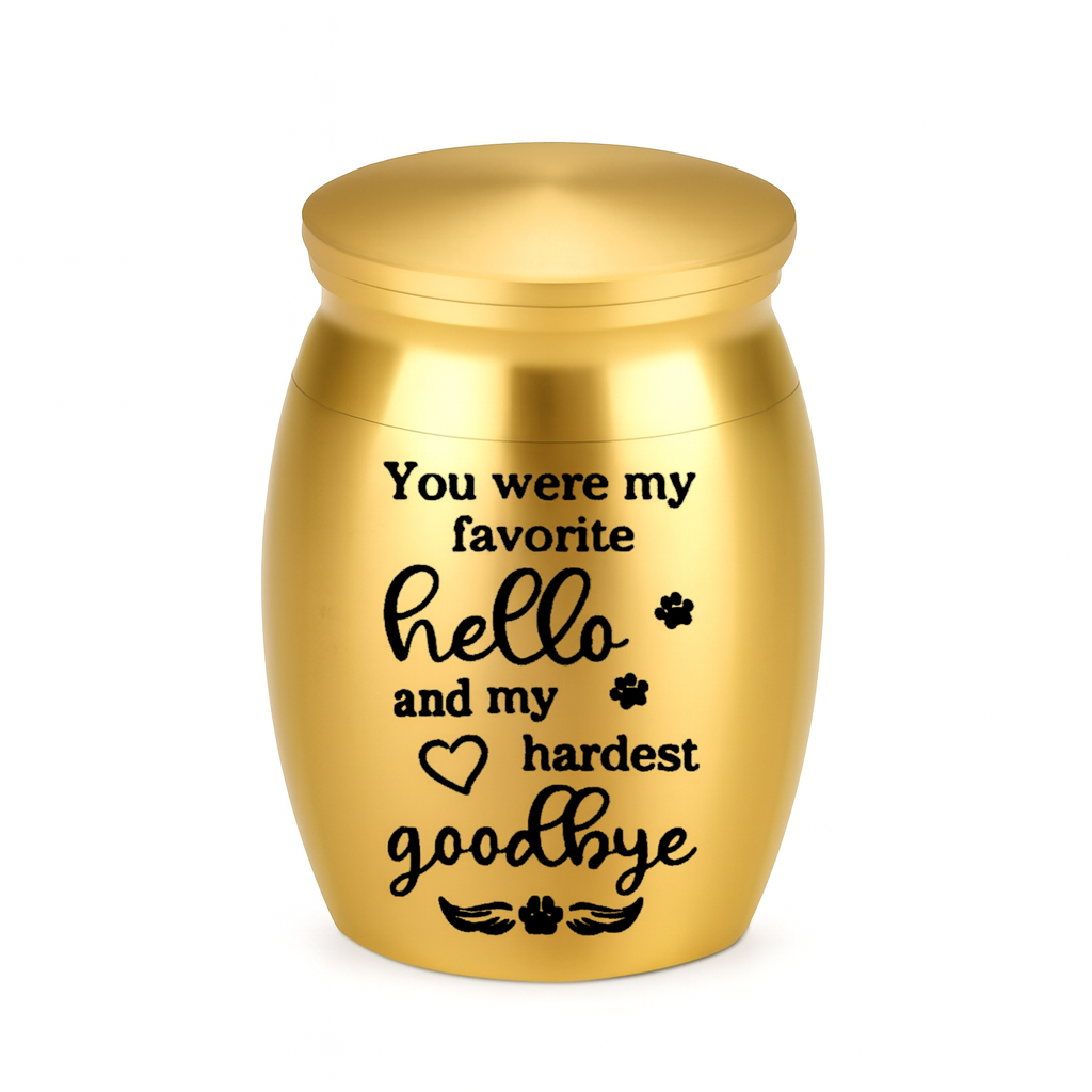 Gouden De laatste aai mini-urn van RVS met de tekst You were my favorite hello and my hardest goodbye
