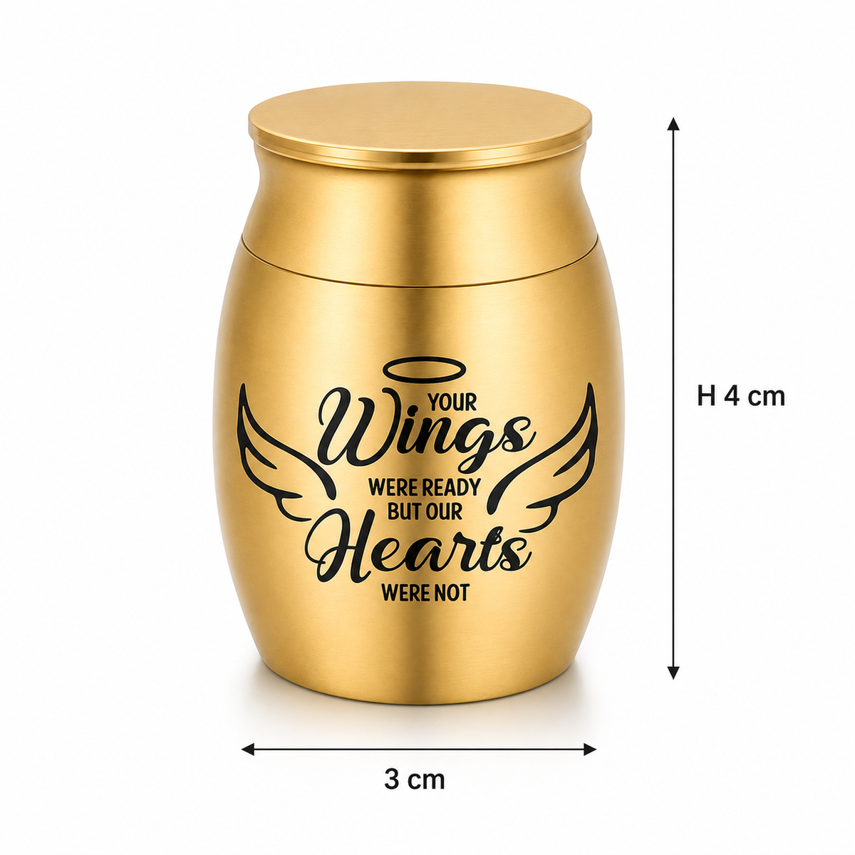 De laatste aai RVS mini urn met tekst Your wings were ready, verkrijgbaar in vier kleuren