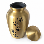 De laatste aai gouden aluminium urn met zwarte pootafdrukken voor huisdieren, 700 ml inhoud.
