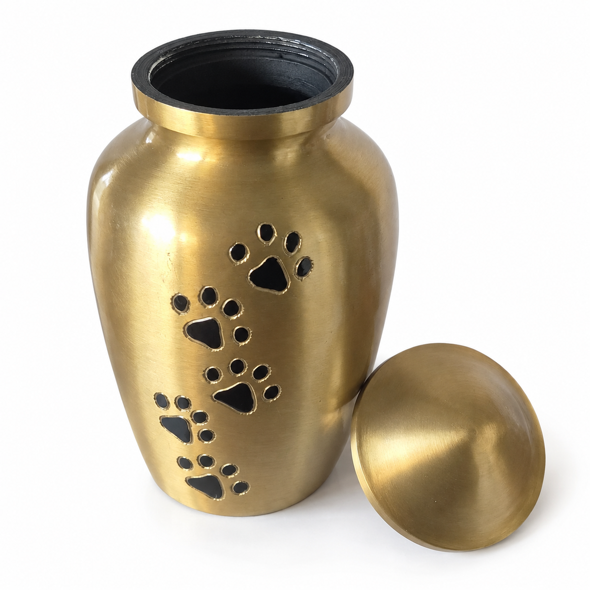 De laatste aai gouden aluminium urn met zwarte pootafdrukken voor huisdieren, 700 ml inhoud.