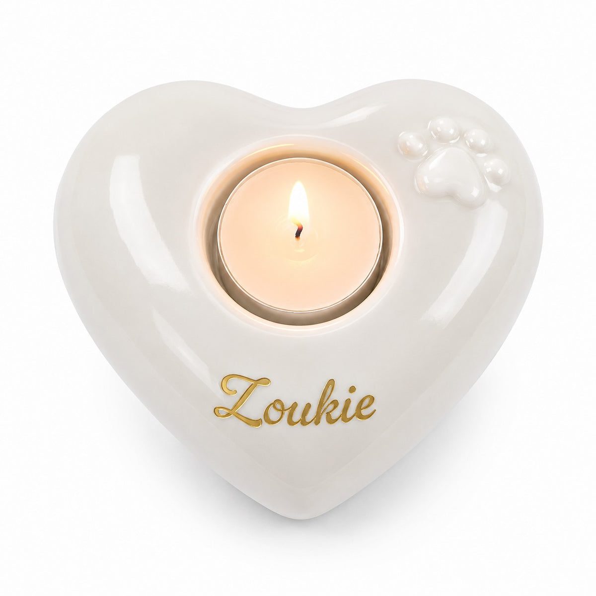 Witte hartvormige urn hond of urn kat met pootafdruk en waxinelichthouder