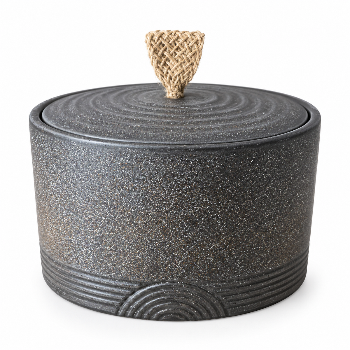 De laatste aai keramische urn voor huisdieren in donkergrijs met een gevlochten touw handvat en gestructureerd design