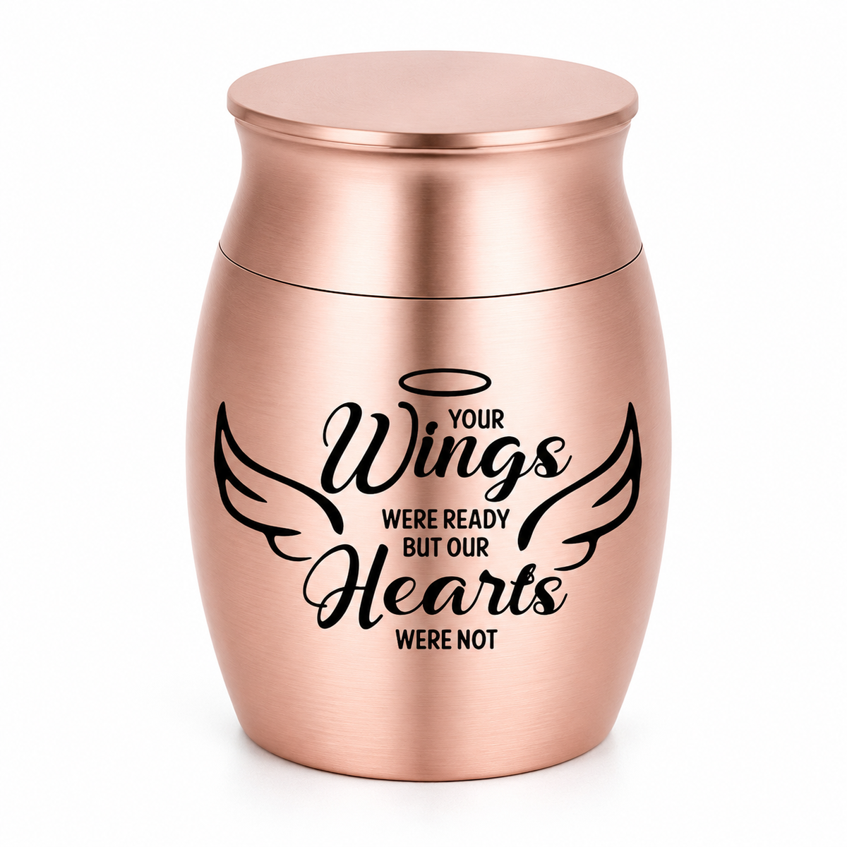 De laatste aai mini urn van RVS in koperkleur met de tekst Your wings were ready but our hearts were not