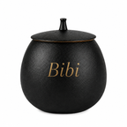Matzwarte keramische mini urn met de naam Bibi in gouden letters