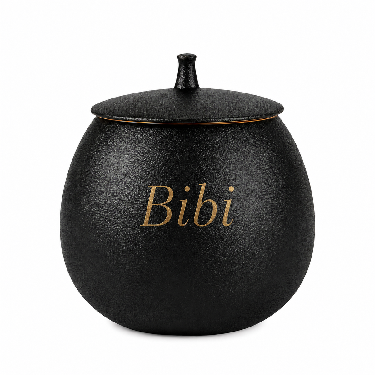 Matzwarte keramische mini urn met de naam Bibi in gouden letters