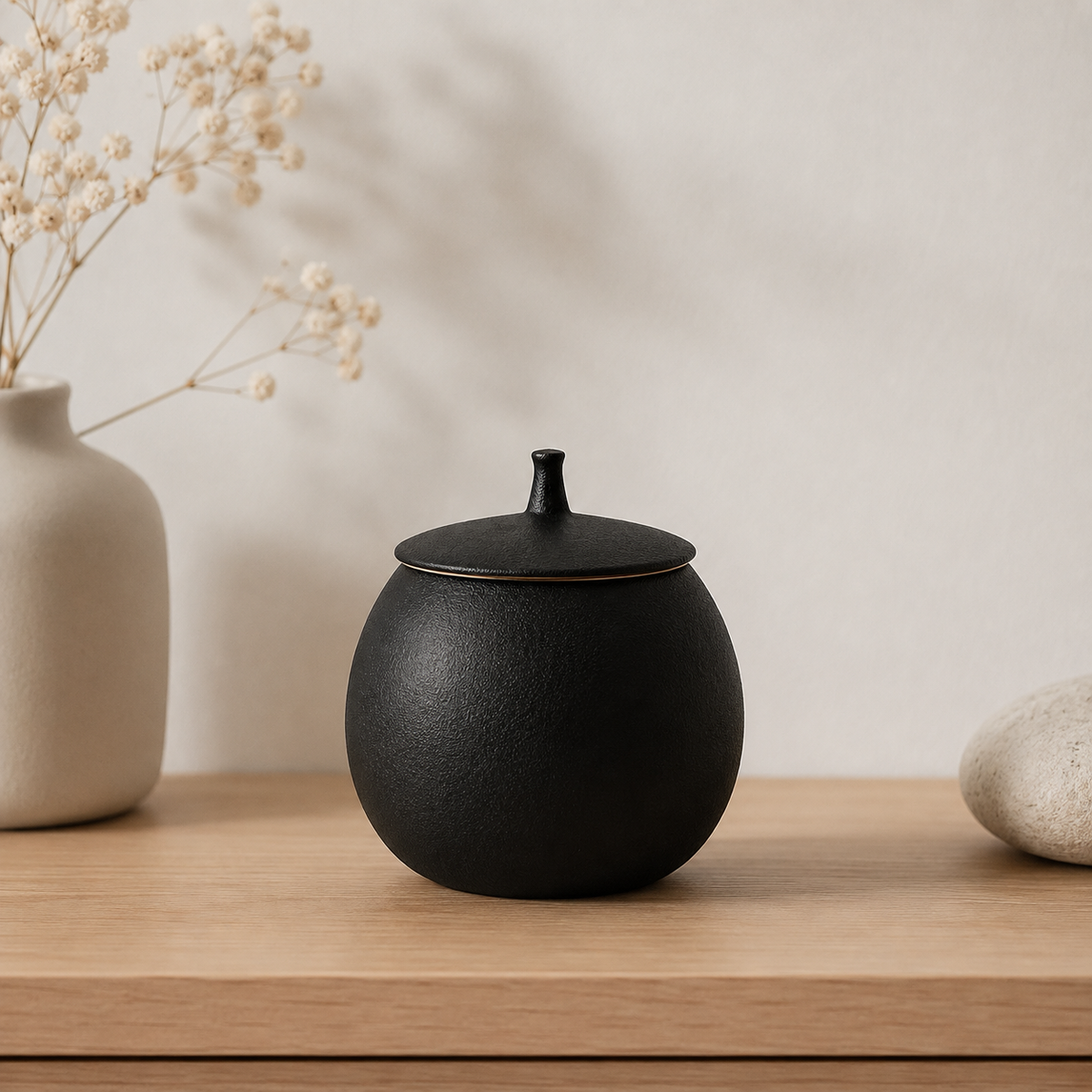 Matzwarte keramische mini urn voor hond of kat op een houten plank