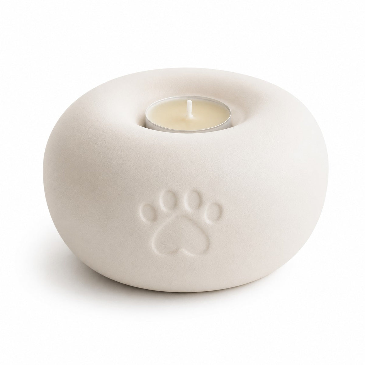 Ronde urn kat en hond in beige met pootafdruk en waxinelichthouder
