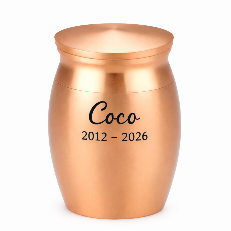 De laatste aai mini urn van roségoudkleurig RVS met persoonlijke gravure van naam en jaartallen voor huisdieras