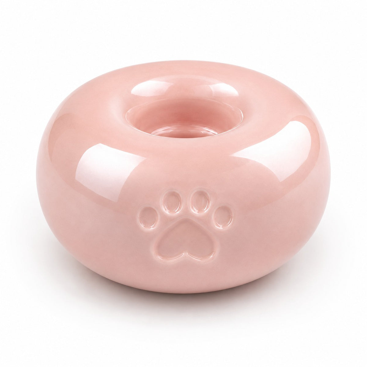 Roze ronde urn voor hond of kat met pootafdruk