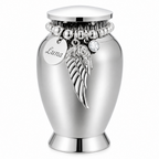 De laatste aai zilverkleurige RVS mini urn met gepersonaliseerd naamplaatje, engelenvleugel en kristallen bedel.