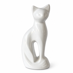 De laatste aai witte kattenurn van aluminium met een glanzende afwerking in de vorm van een zittende kat.