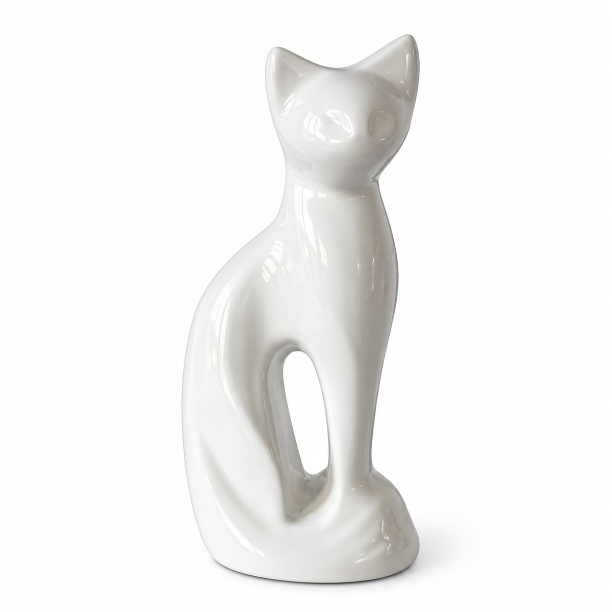 De laatste aai witte kattenurn van aluminium met een glanzende afwerking in de vorm van een zittende kat.