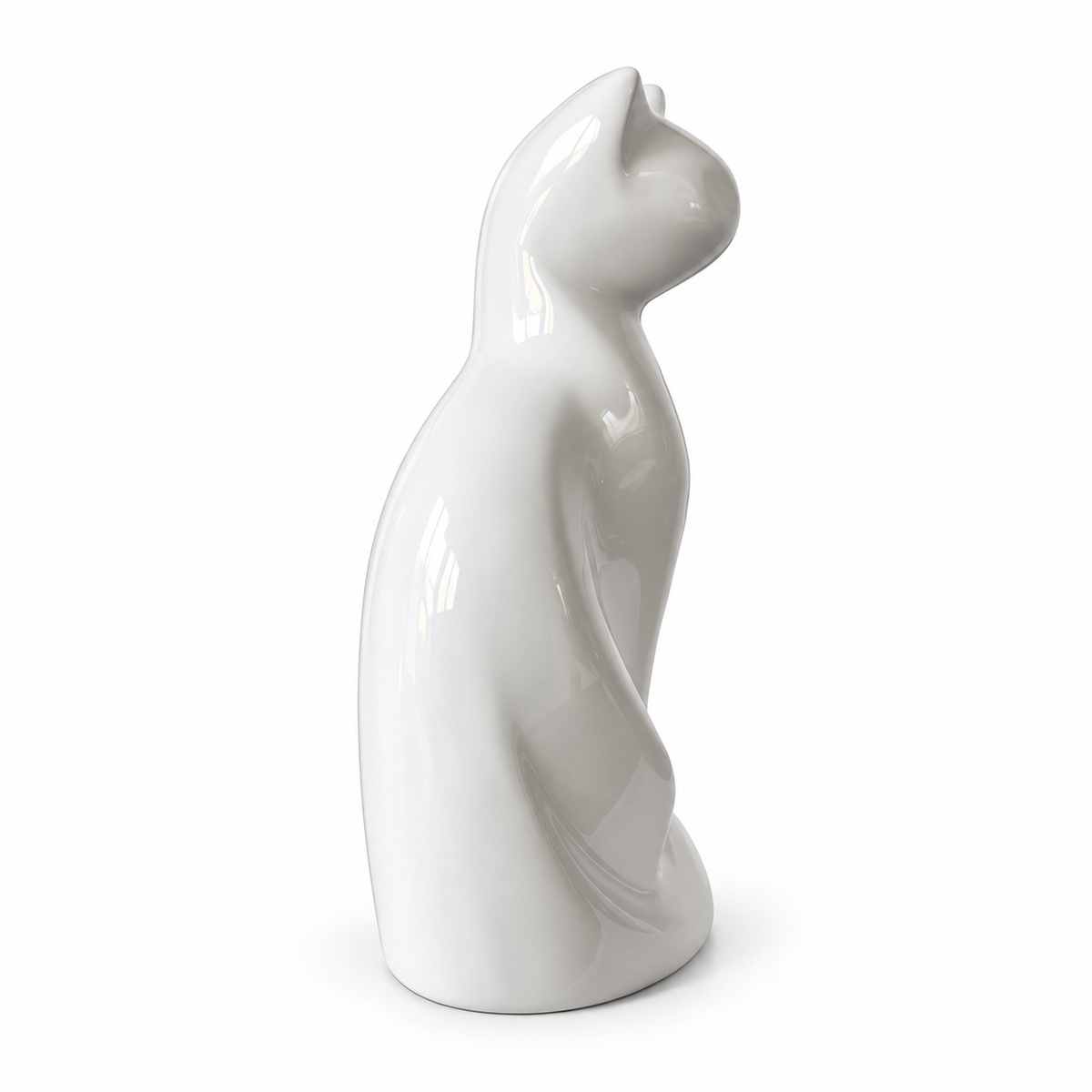 De laatste aai witte kattenurn van aluminium met een glanzende afwerking in de vorm van een zittende kat.