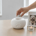 Ronde urn voor kat en hond in wit op houten tafel