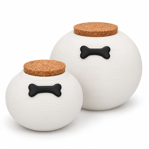 De laatste aai witte keramische hondenurnen met ribbelpatroon, kurken deksel en zwart botje als decoratie.