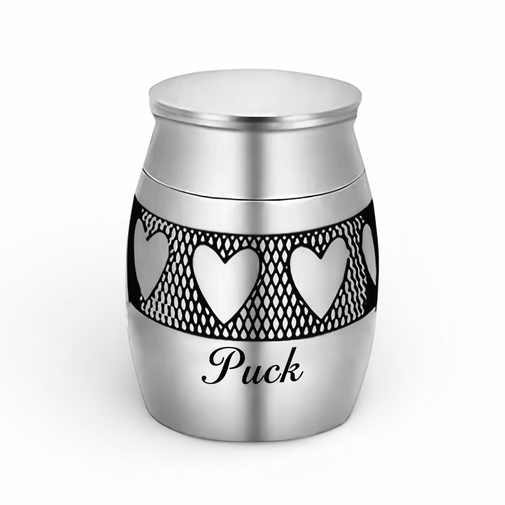 De laatste aai zilverkleurige RVS mini urn met hartjesmotief en gravure voor as of haar van een huisdier