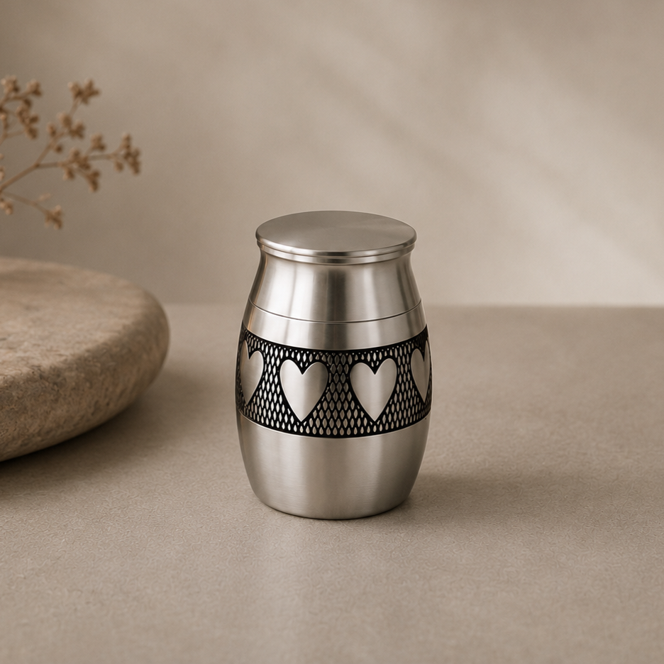 De laatste aai zilverkleurige RVS mini urn voor huisdieren met een verfijnd hartjespatroon voor as of haarlok.