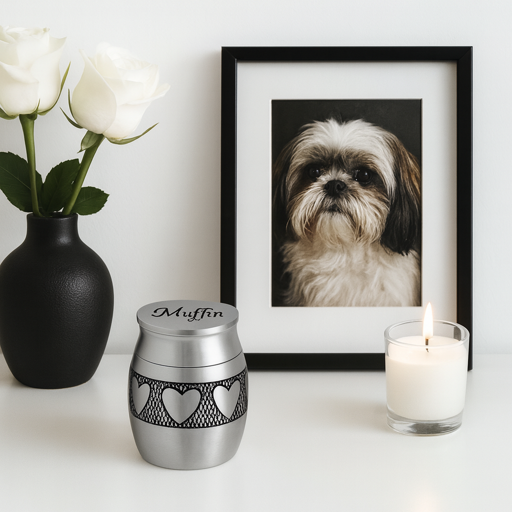 De laatste aai zilverkleurige RVS mini urn met hartjesmotief, gegraveerd met naam, naast een fotolijst en kaars.