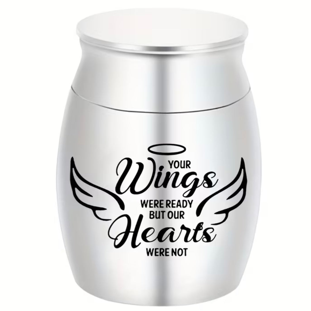 De laatste aai zilveren RVS mini urn met de tekst Your wings were ready but our hearts were not voor as van huisdieren