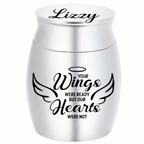De laatste aai zilveren RVS mini urn voor huisdieras met gegraveerde tekst Your wings were ready en naam Lizzy