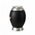 De laatste aai zwarte aluminium mini urn met waxinelichthouder en goud-zilveren lelie motief voor huisdier as