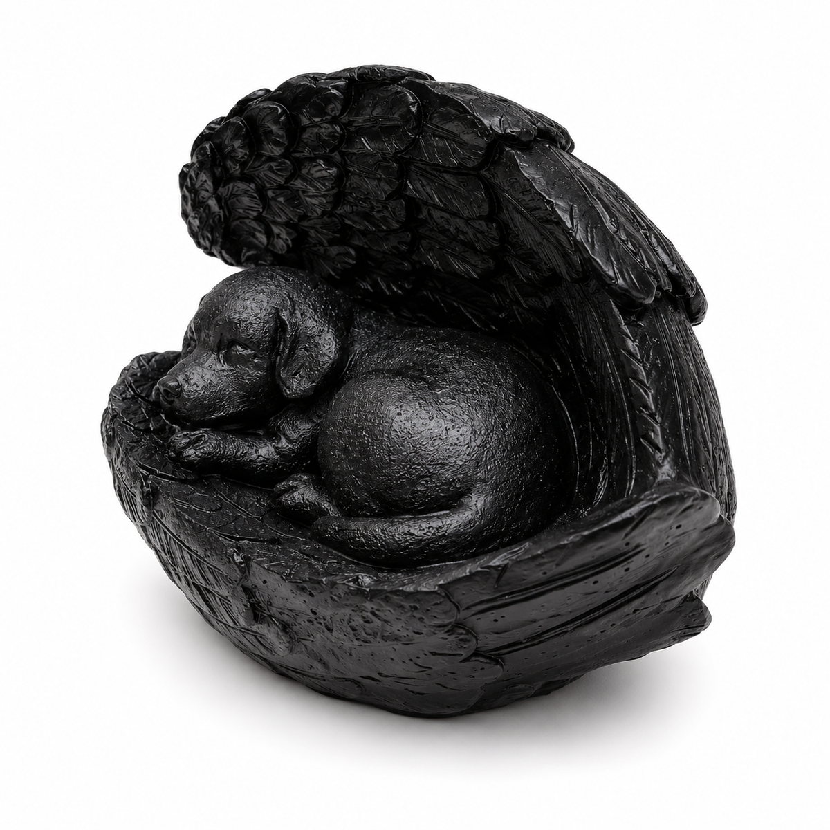 De laatste aai zwarte polyresin honden urn met slapend hondje in beschermende vleugels en tekst We love you forever