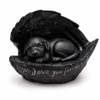 De laatste aai zwarte polyresin hondenurn met slapende pup en beschermende vleugels met tekst We love you forever