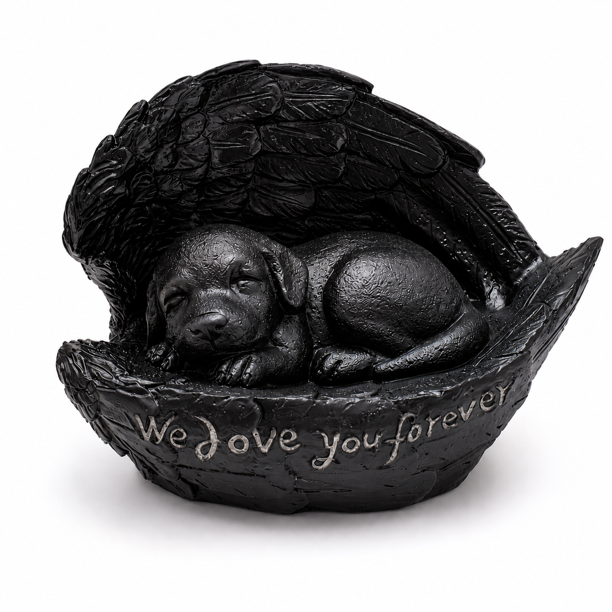 De laatste aai zwarte polyresin hondenurn met slapende pup en beschermende vleugels met tekst We love you forever