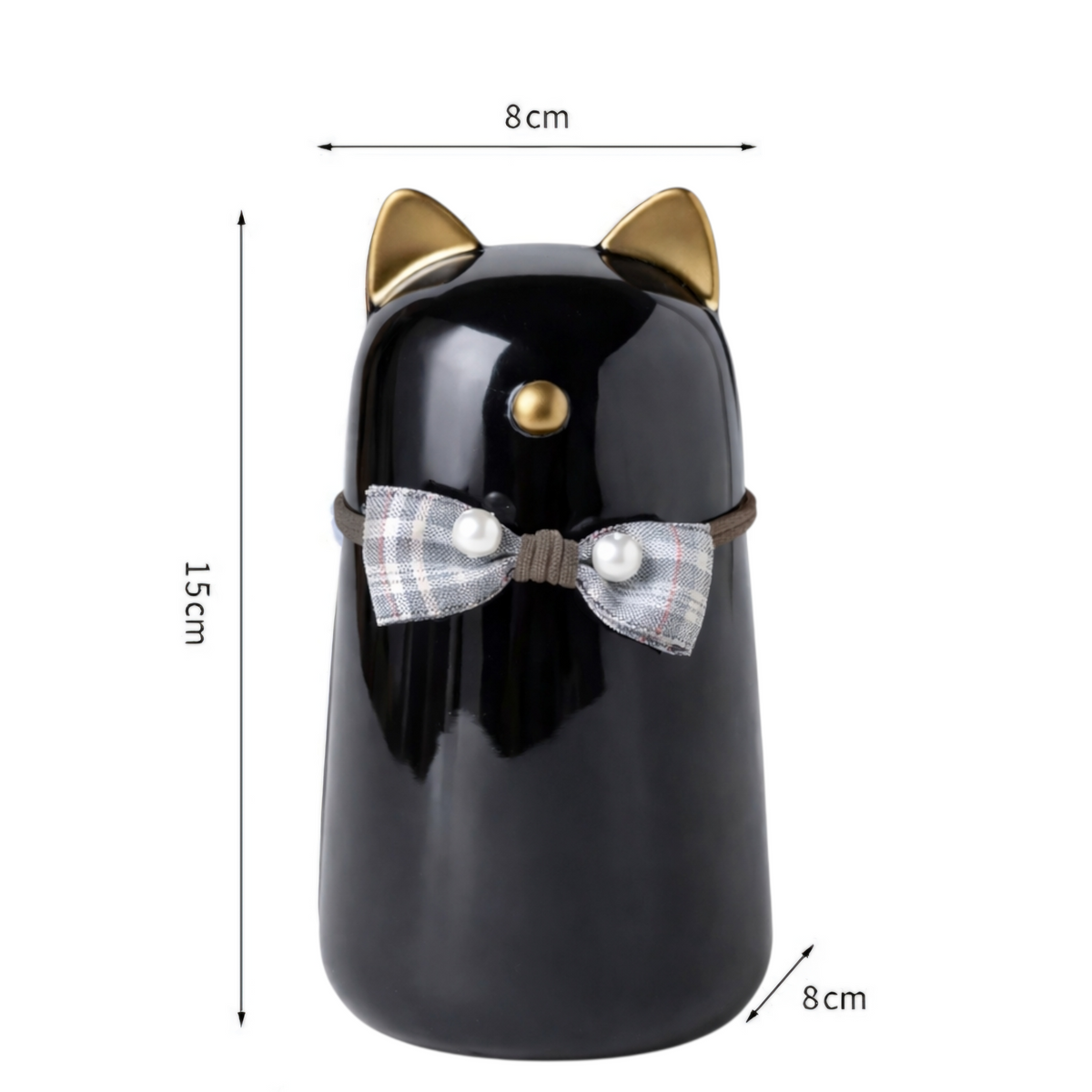 De laatste aai zwarte keramische kattenurn met gouden oren en een geruit strikje voor asbewaring.