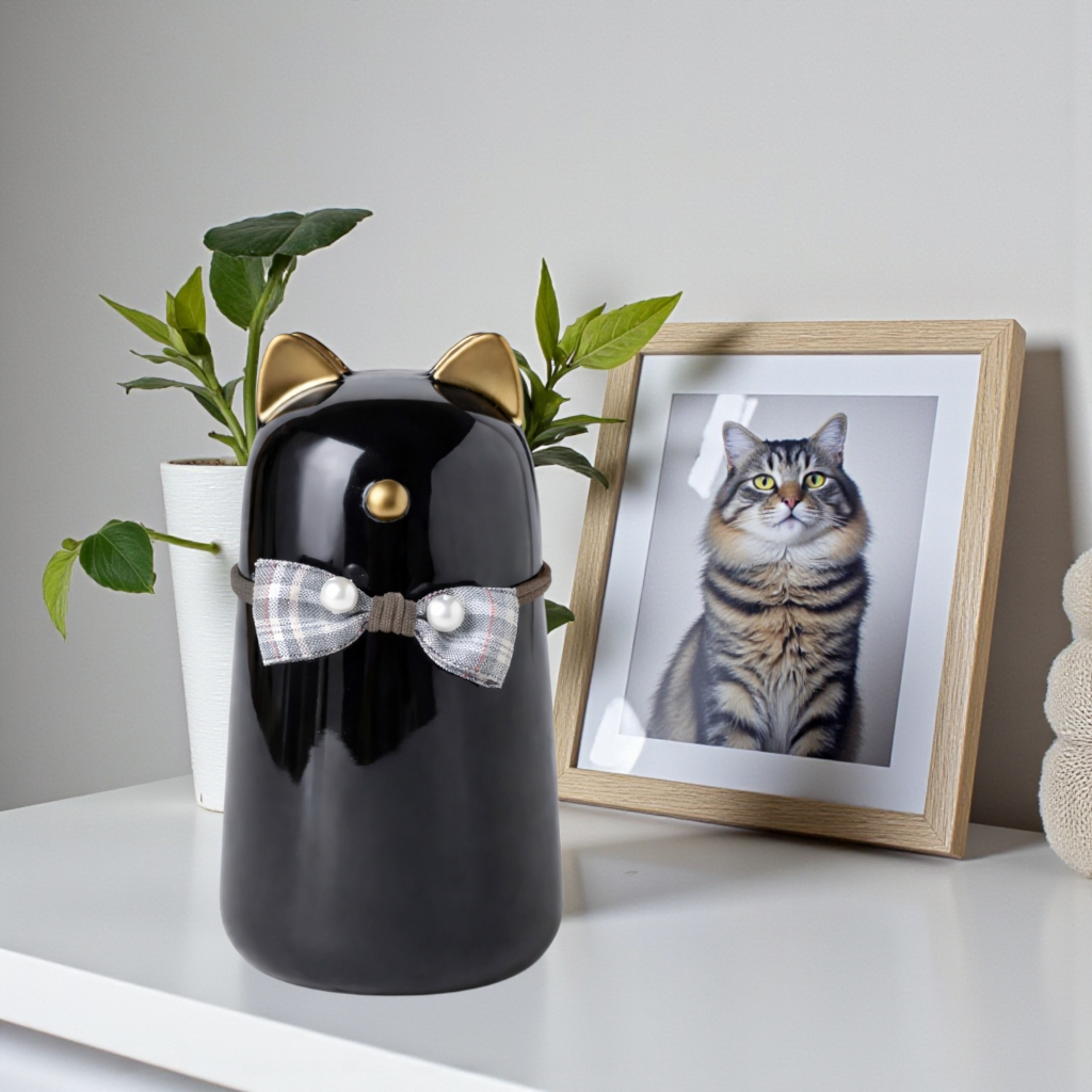 De laatste aai zwarte keramieken kattenurn met gouden accenten en een decoratief strikje op een witte ondergrond.