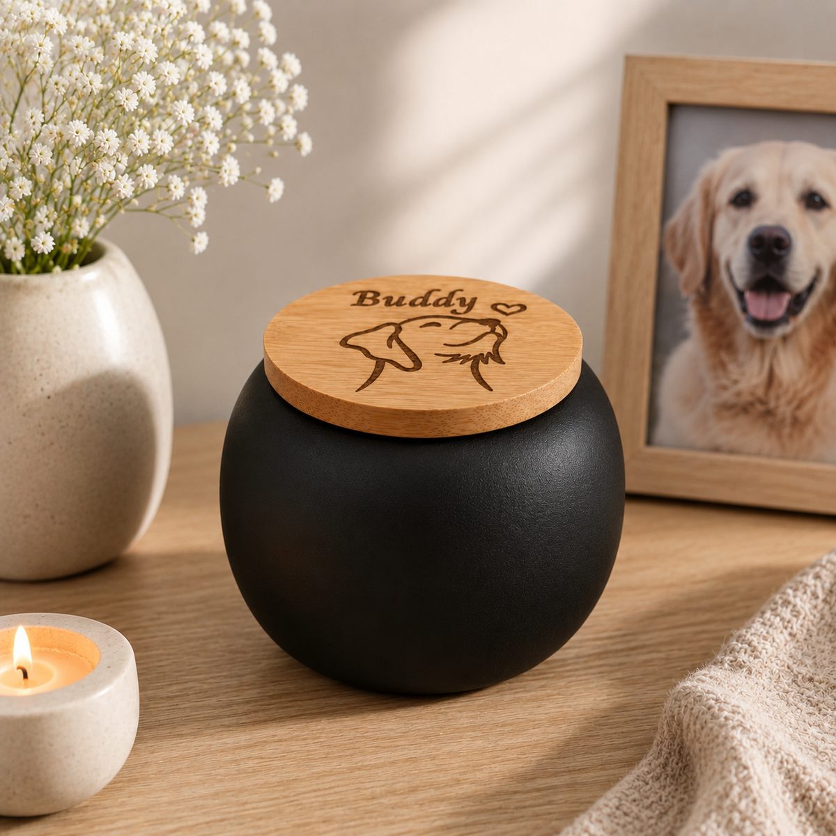 De laatste aai zwarte keramische mini-urn met bamboe deksel en gegraveerde hond en naam Buddy als aandenken.