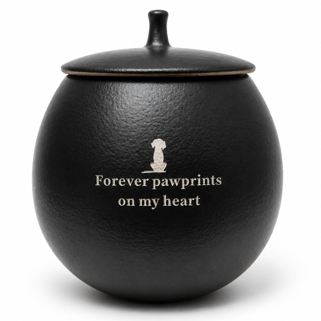 De laatste aai keramische zwarte hondenurn met witte gravure van een hondje en de tekst Forever pawprints on my heart