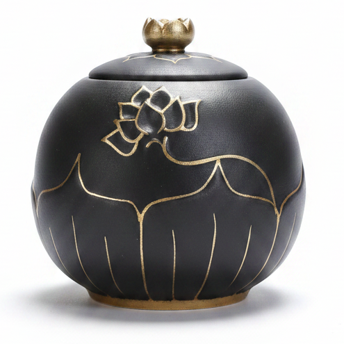 De laatste aai zwarte keramische lotus urn met gouden details voor as van huisdieren