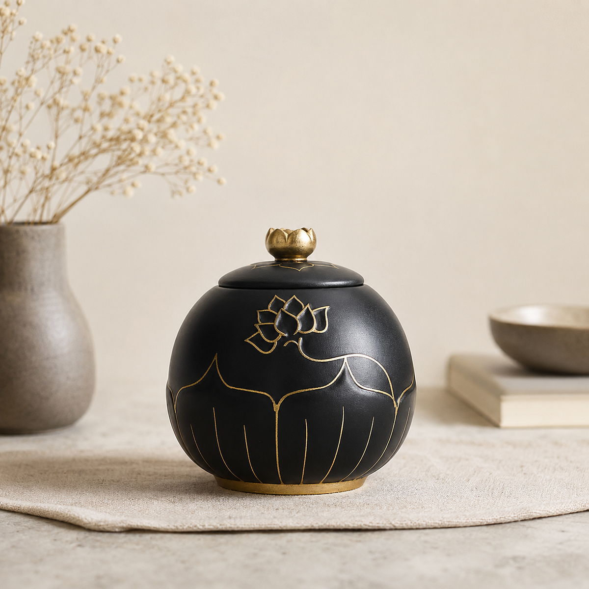 De laatste aai zwarte keramische lotus urn met gouden details voor as van huisdieren in een sfeervol interieur