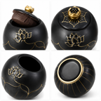 De laatste aai zwarte keramische lotus urn met gouden details voor as van huisdieren, 200 ml inhoud.
