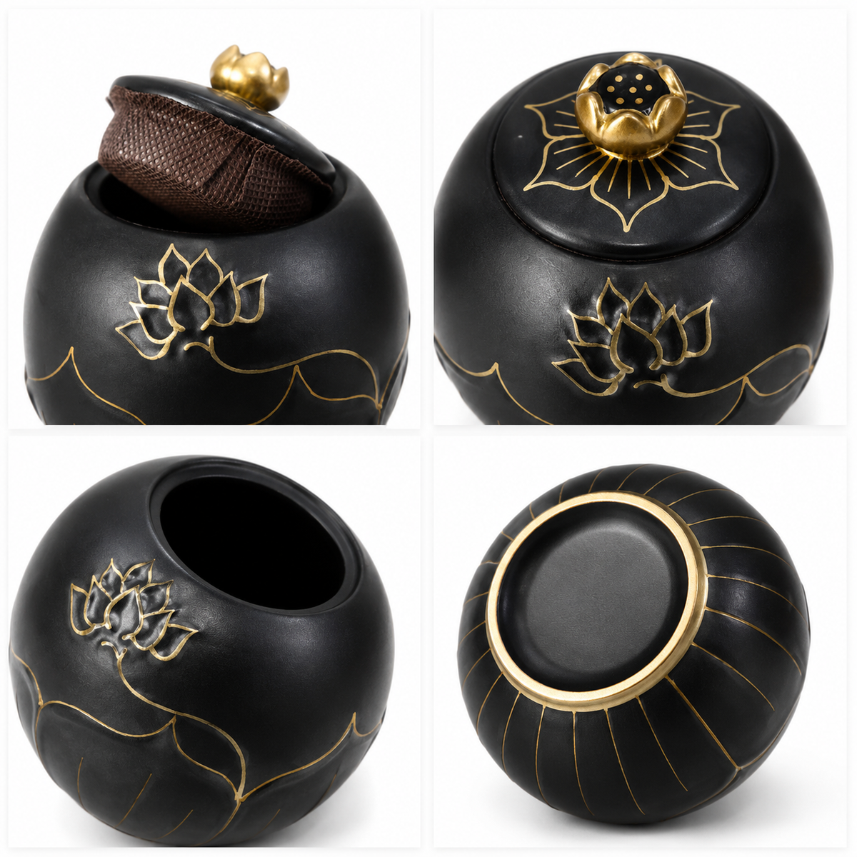 De laatste aai zwarte keramische lotus urn met gouden details voor as van huisdieren, 200 ml inhoud.