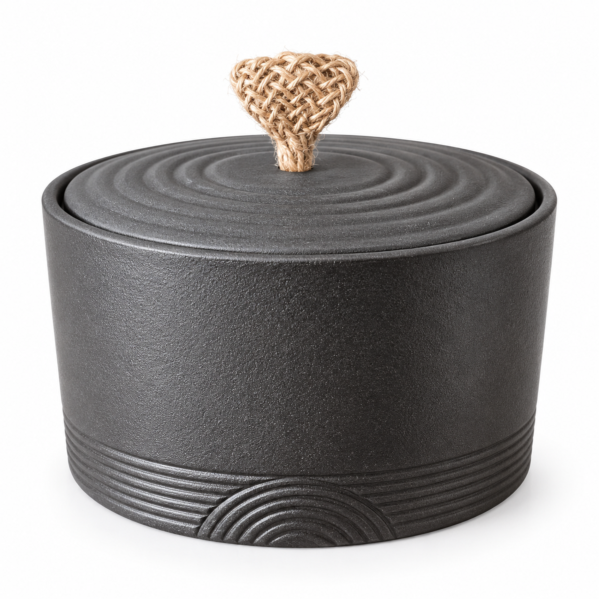 De laatste aai zwarte keramische urn voor huisdieren met een decoratief hart van touw op het deksel