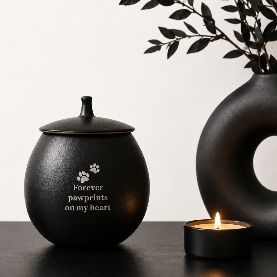 De laatste aai zwarte keramieken mini-urn met pootafdrukken en de tekst Forever pawprints on my heart