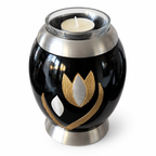De laatste aai zwarte aluminium mini urn met goud-zilveren tulp motief en glazen waxinelichthouder voor huisdieren