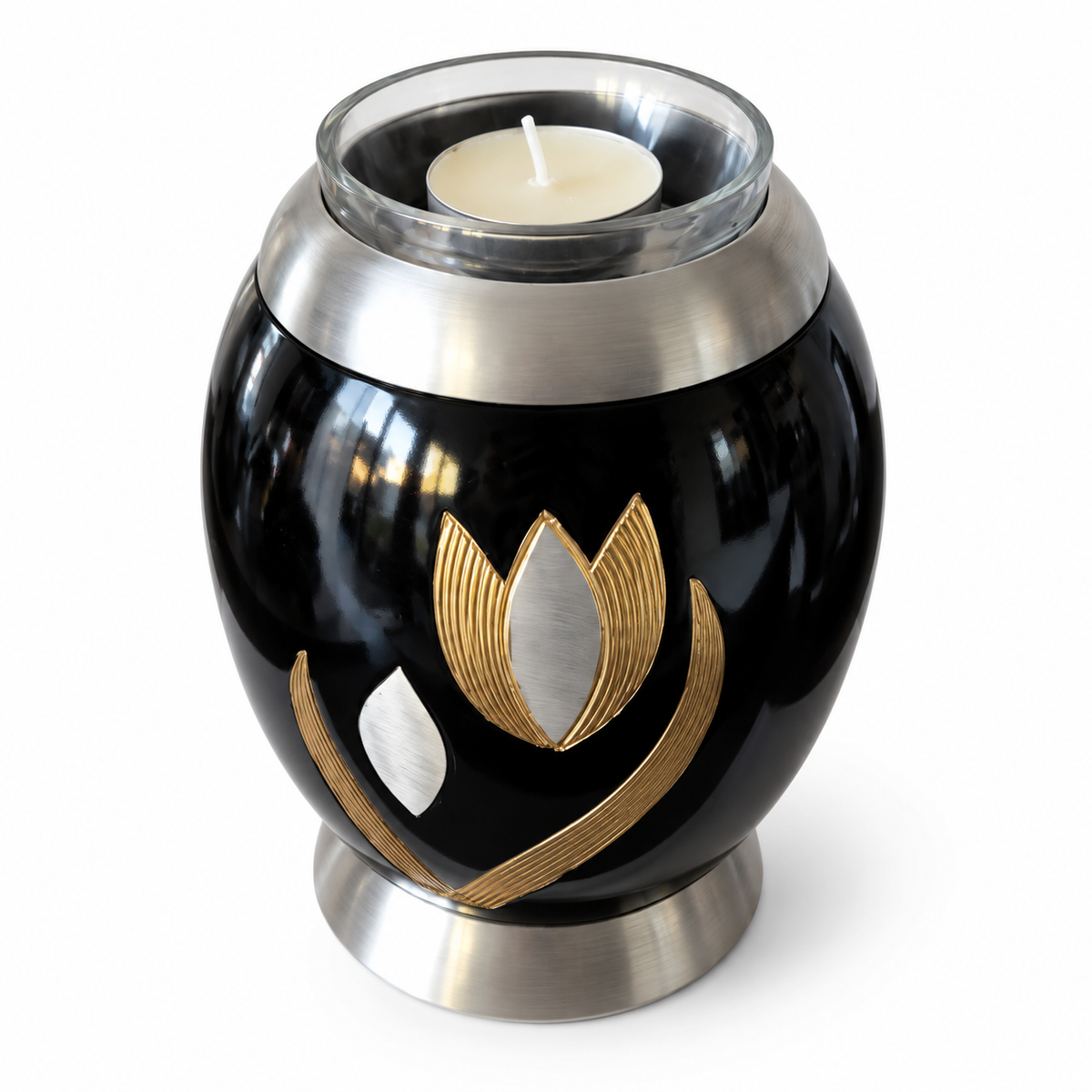De laatste aai zwarte aluminium mini urn met goud-zilveren tulp motief en glazen waxinelichthouder voor huisdieren