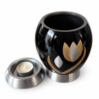 De laatste aai zwarte aluminium mini urn met goud-zilveren tulp en waxinelichthouder voor as van huisdieren.