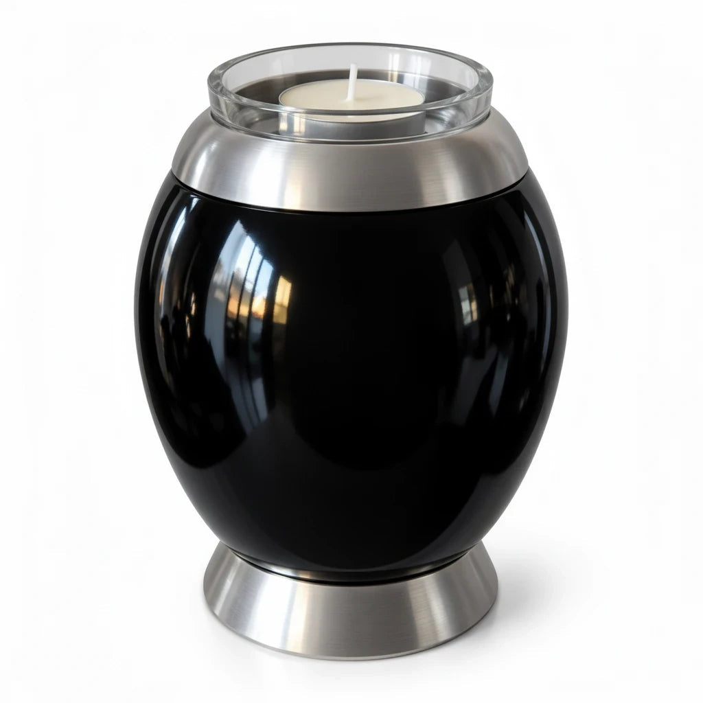 De laatste aai zwarte aluminium mini urn met glazen waxinelichthouder en zilverkleurige details voor asbestemming.