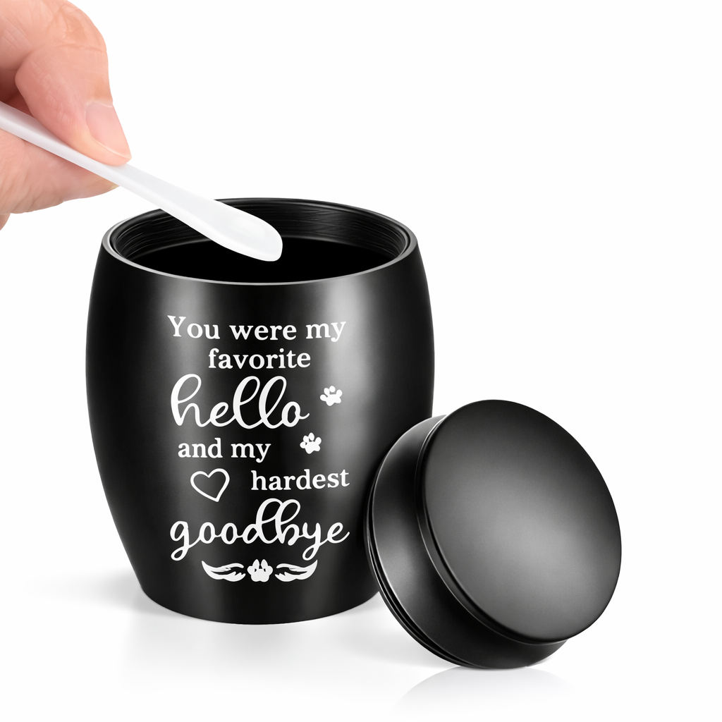 De laatste aai zwarte RVS mini-urn voor huisdieren met de tekst You were my favorite hello and my hardest goodbye