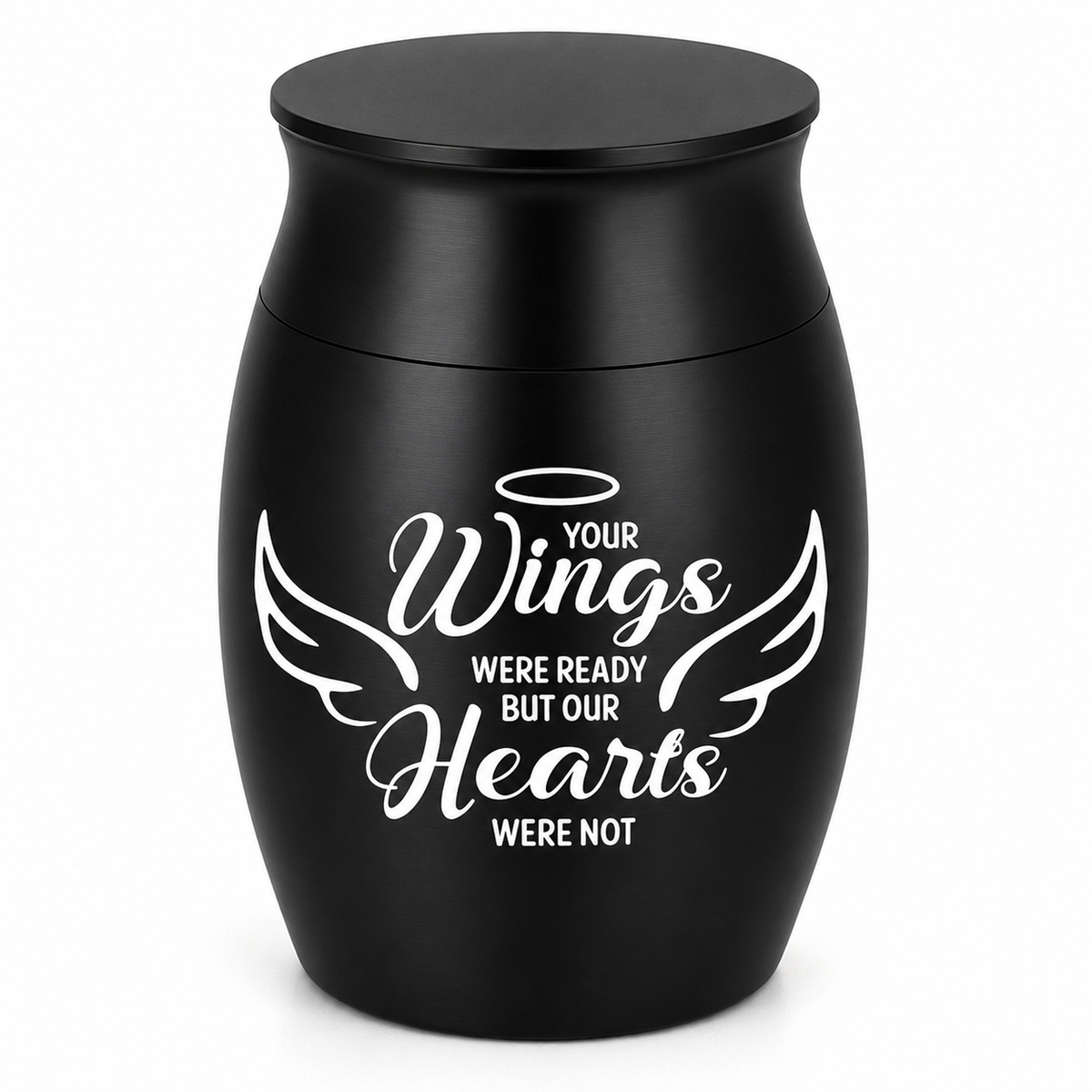 De laatste aai zwarte RVS mini urn met de tekst Your wings were ready but our hearts were not voor as van huisdieren